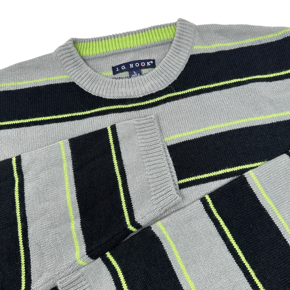 J. G. HOOK Vintage Sweater NWT Gray Black Lime Stripes 100% Acrylic Size Large‎